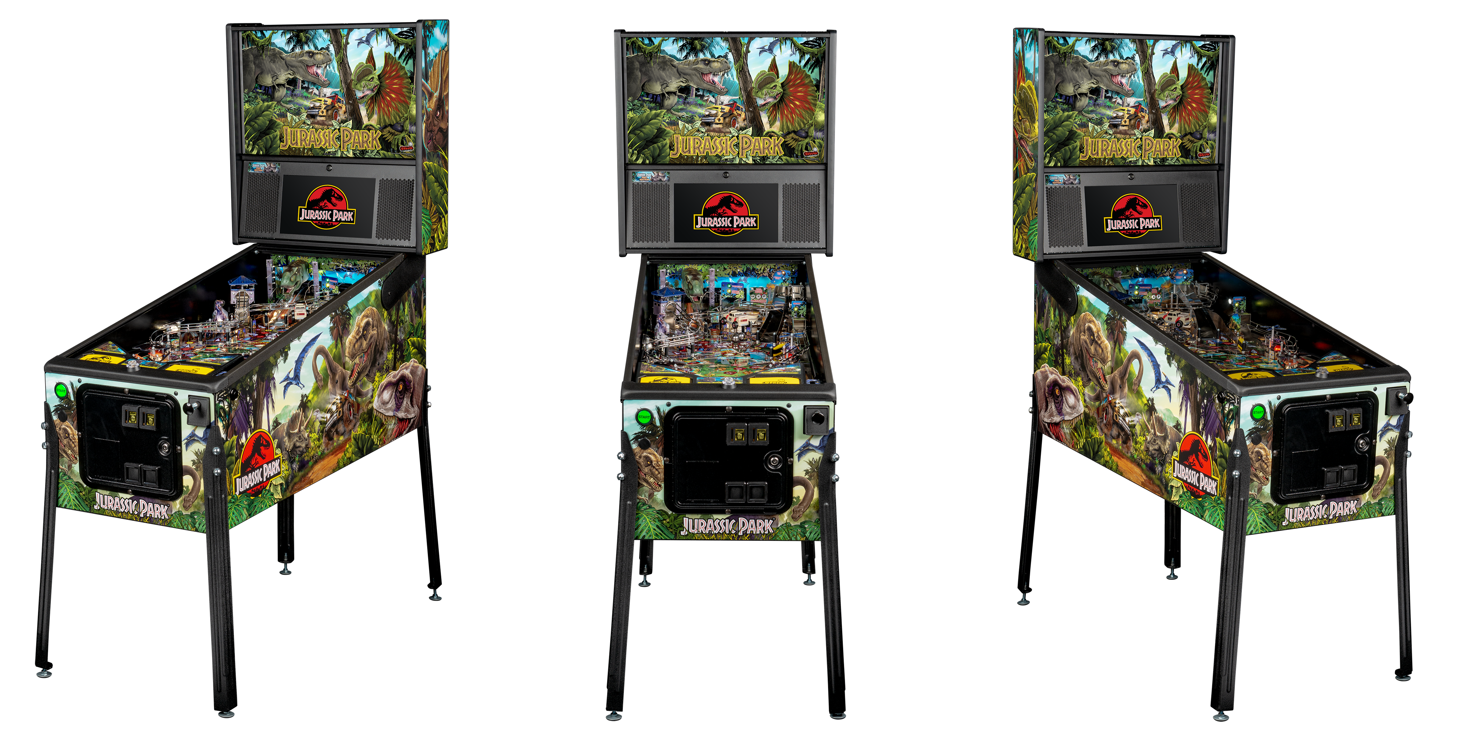 Left, Front, and Right facing cabinet images of Jurassic Park Pro Pinball