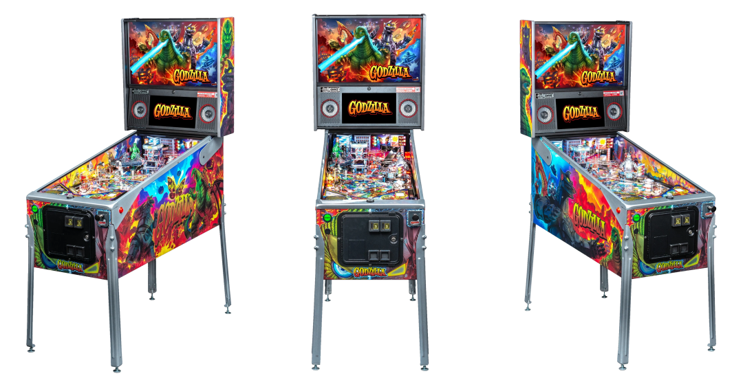 Left, Front, and Right facing cabinet images of Godzilla Limited Edition Pinball