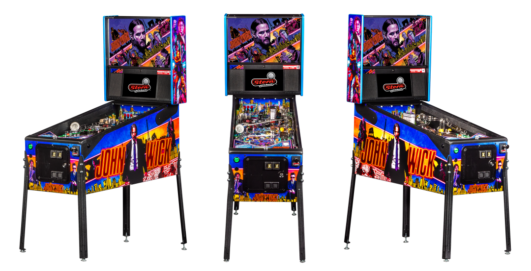Left, Front, and Right facing cabinet images of John Wick Premium Pinball