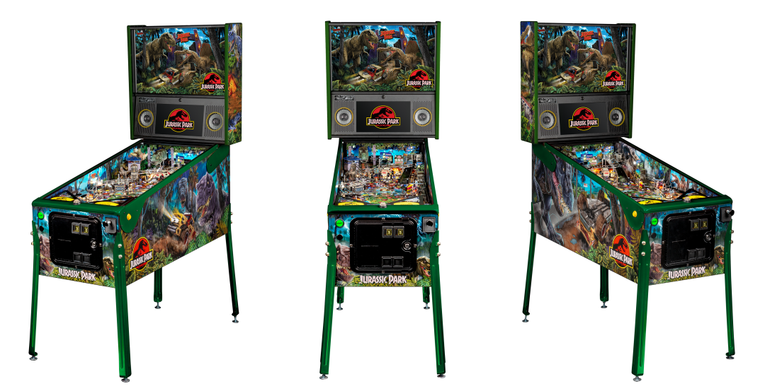 Left, Front, and Right facing cabinet images of Jurassic Park Limited Edition Pinball