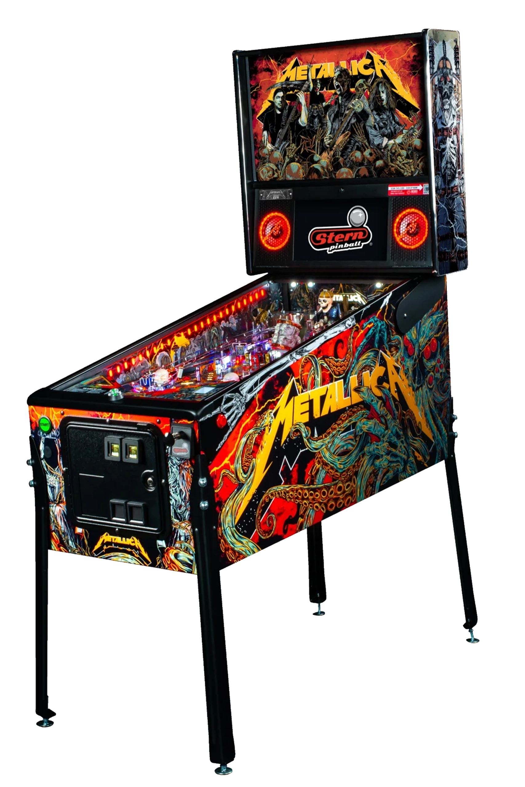 Metallica LE pinball cabinet facing left.