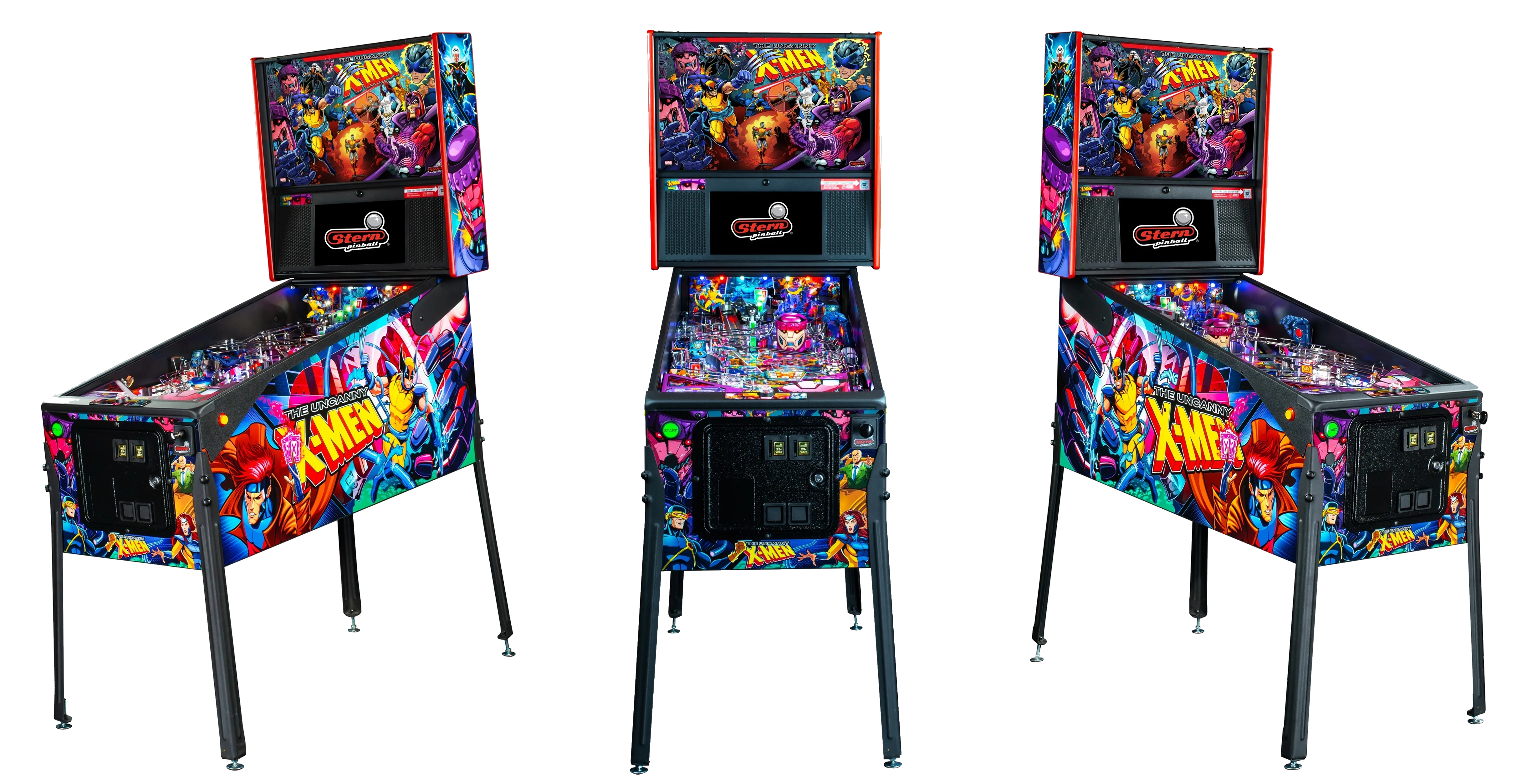 Left, Front, and Right facing cabinet images of The Uncanny X-Men Premium Pinball