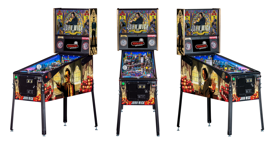 Left, Front, and Right facing cabinet images of John Wick Limited Edition Pinball