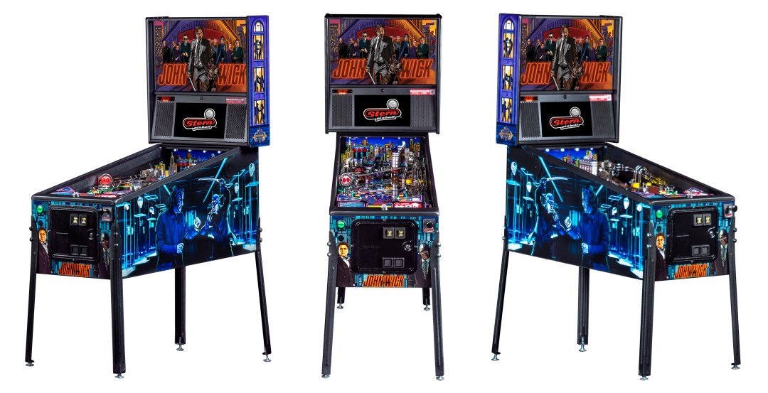 Left, Front, and Right facing cabinet images of John Wick Pro Pinball