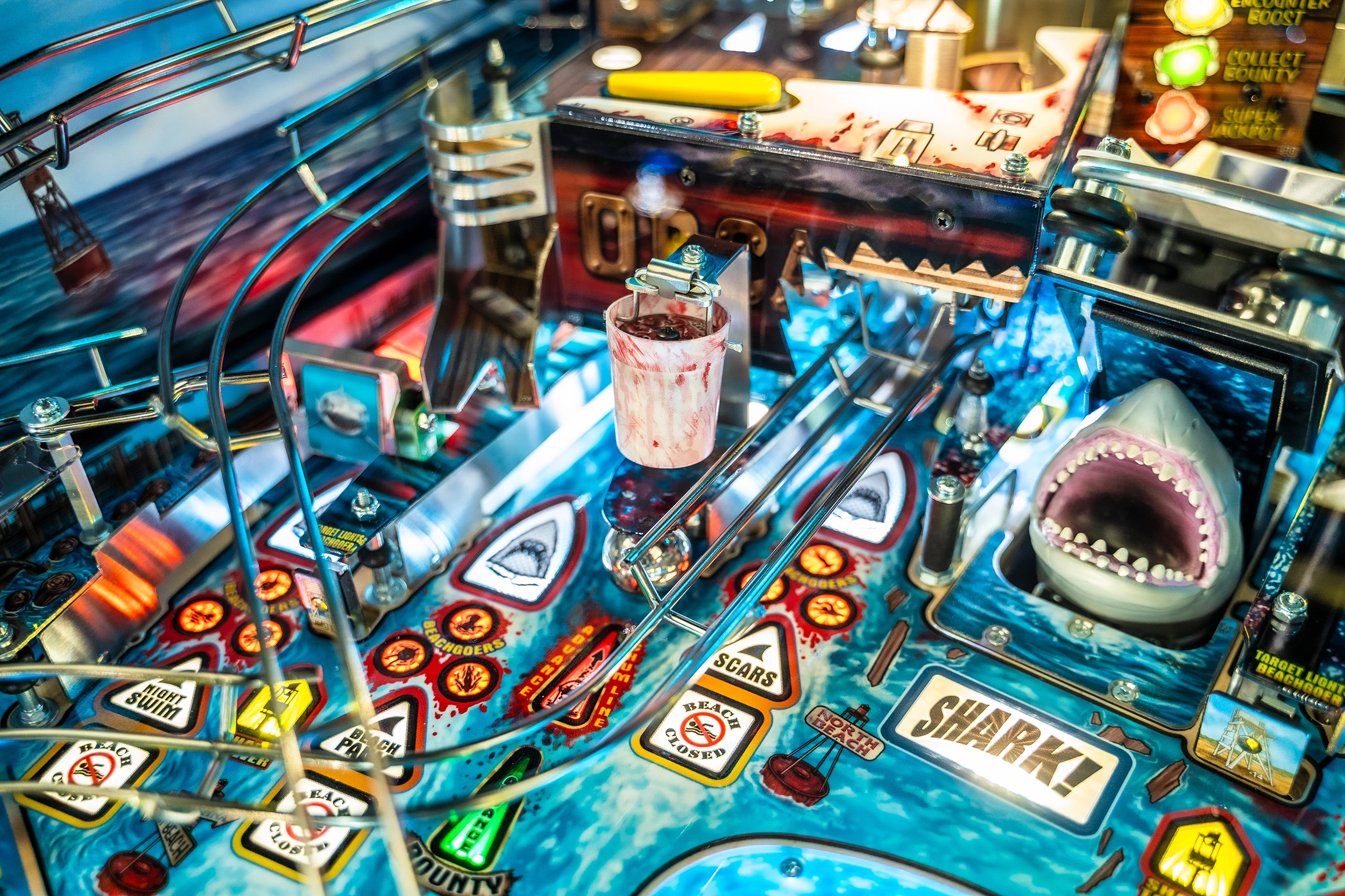 Chum bucket and shark on Jaws Limited Edition pinball.