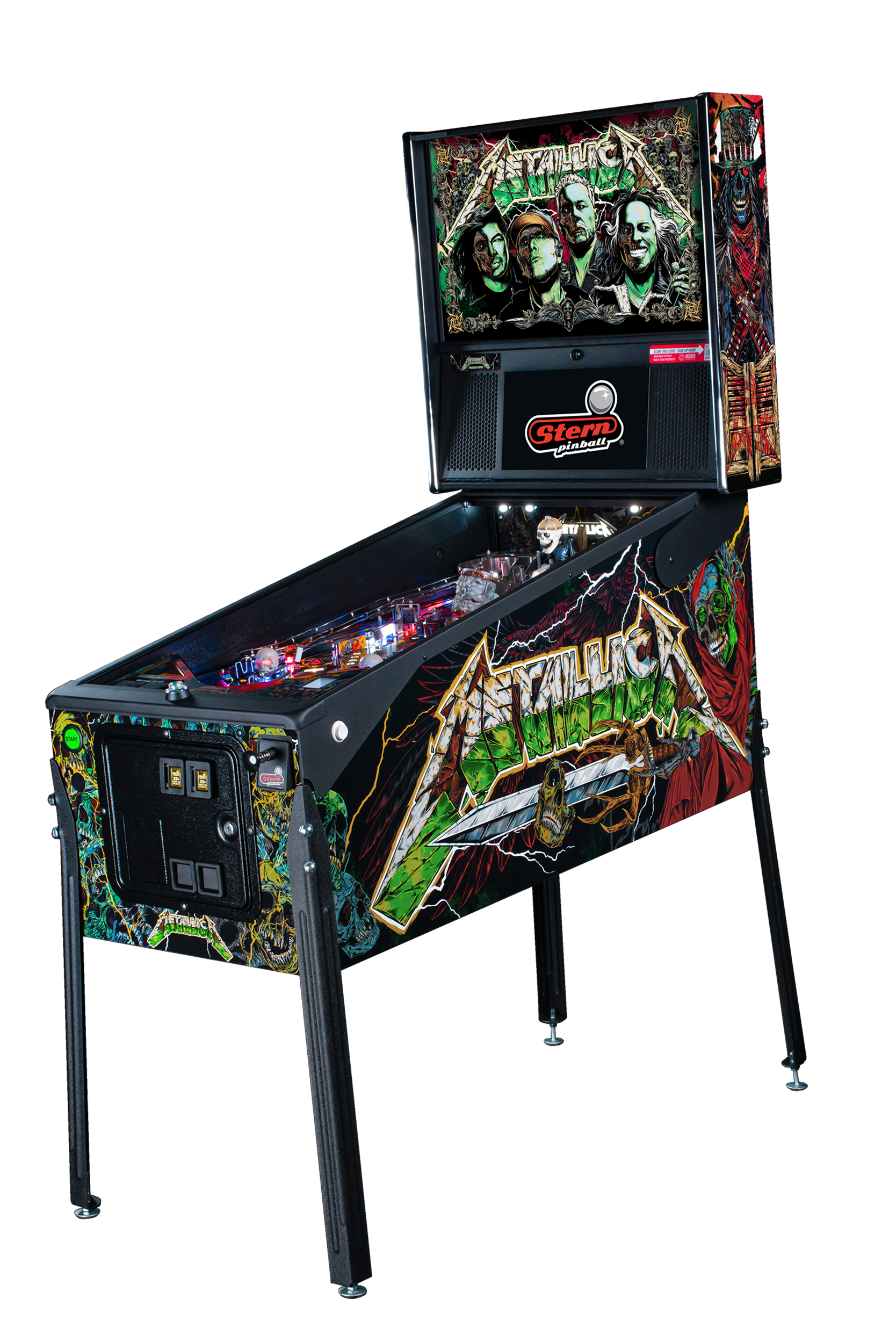 Metallica Premium pinball cabinet facing left.