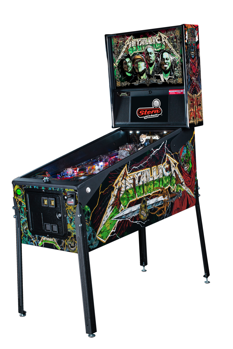 Metallica Premium pinball cabinet facing left.