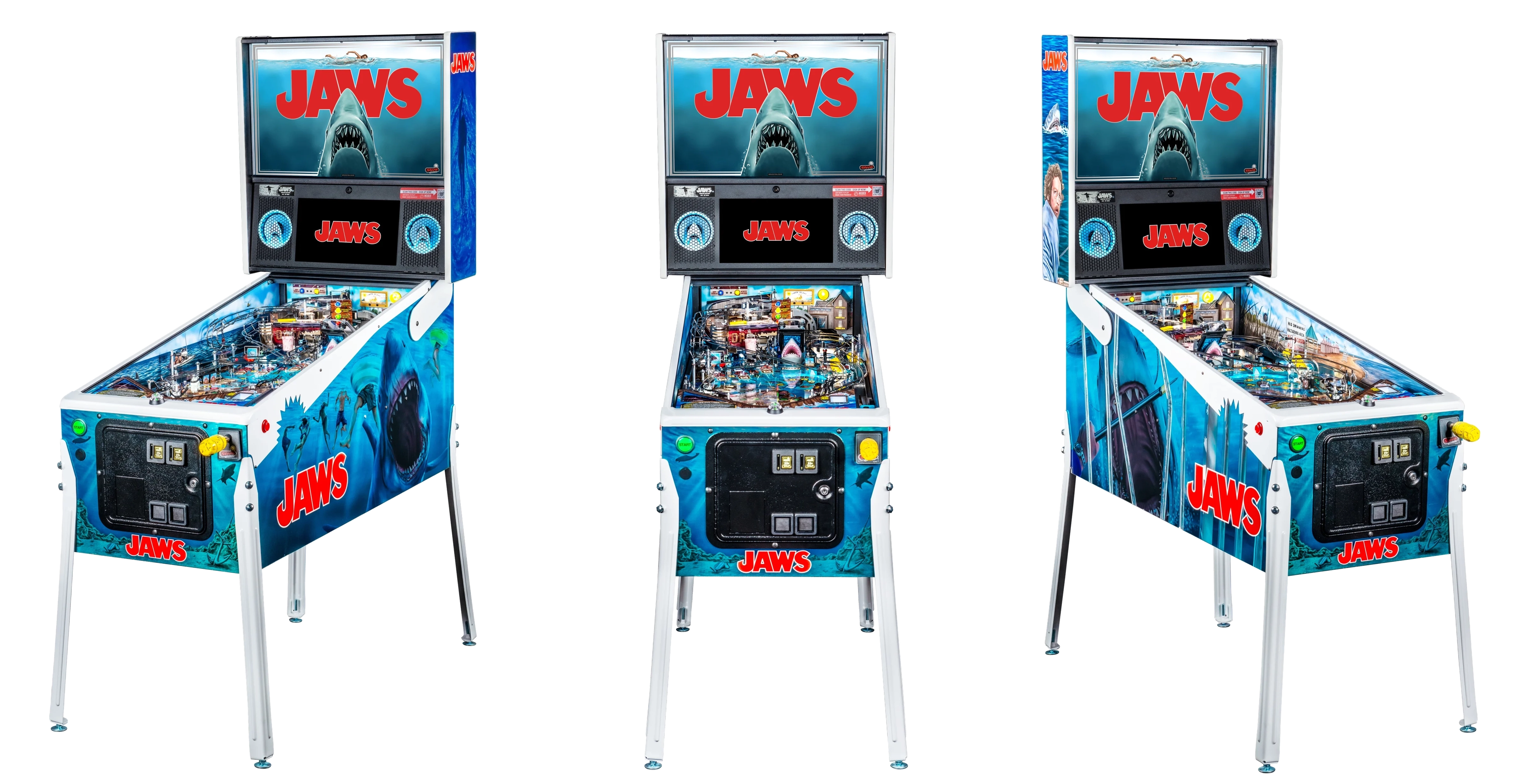 Left, Front, and Right facing cabinet images of Jaws Limited Edition Pinball
