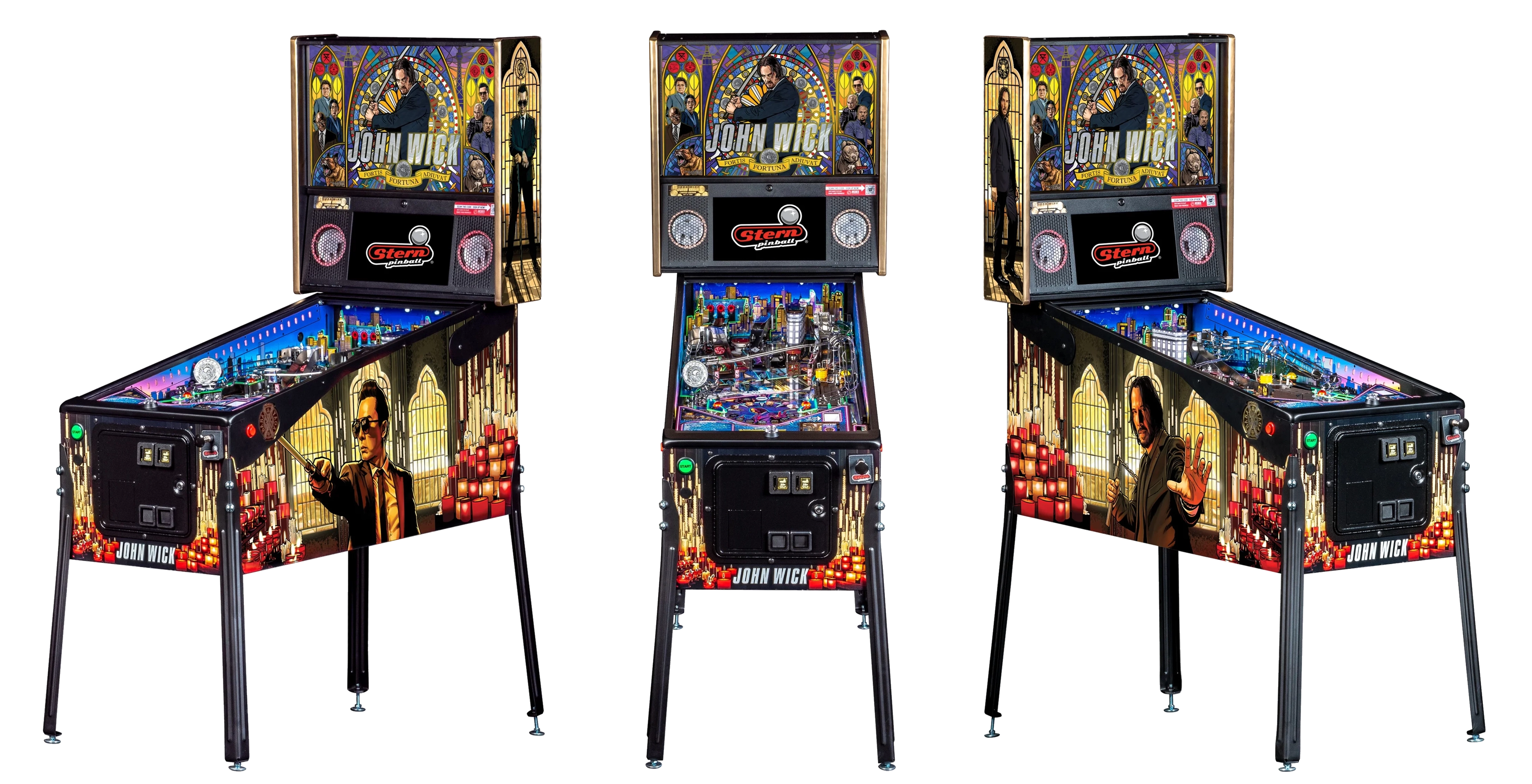 Left, Front, and Right facing cabinet images of John Wick Limited Edition Pinball