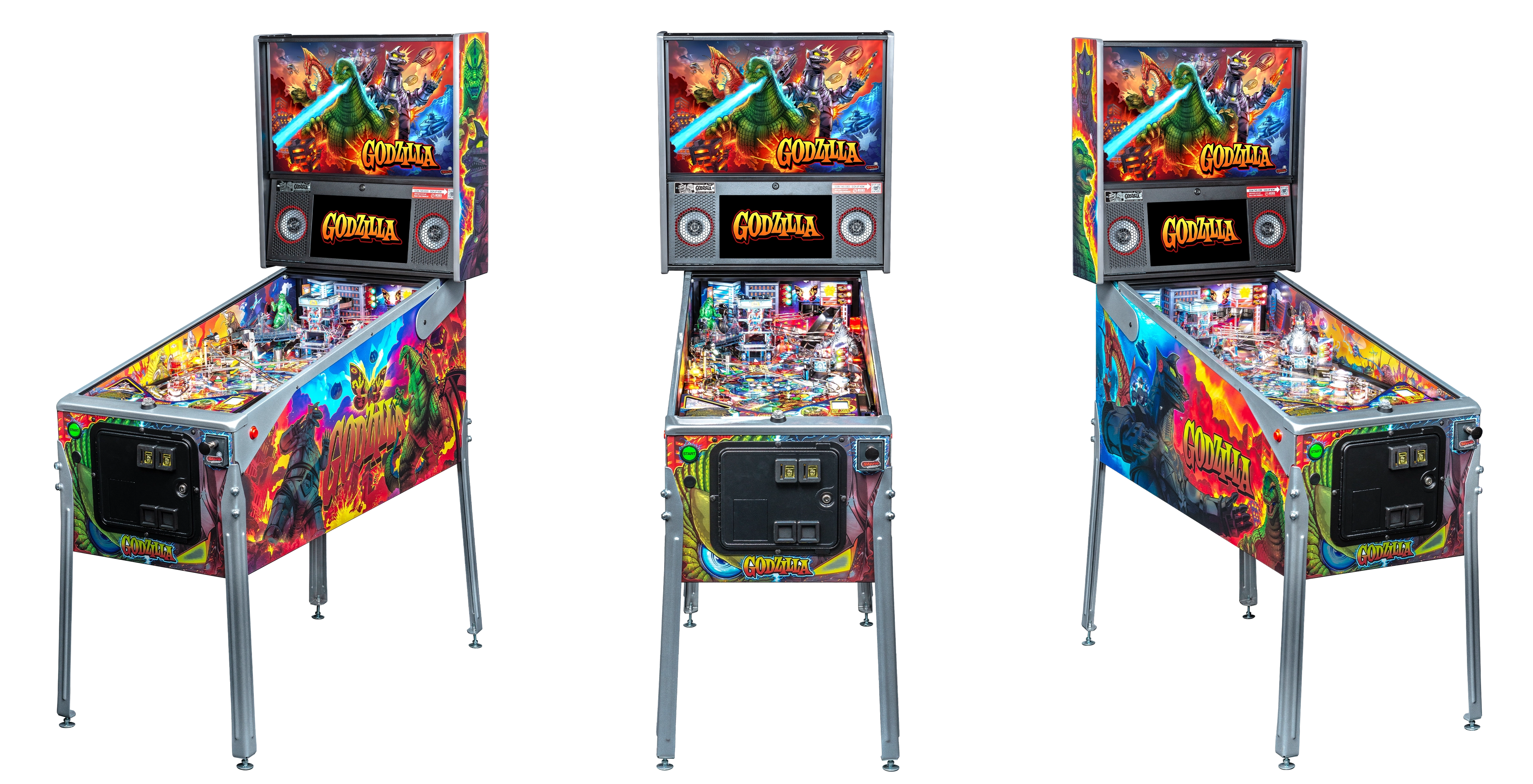 Left, Front, and Right facing cabinet images of Godzilla Limited Edition Pinball
