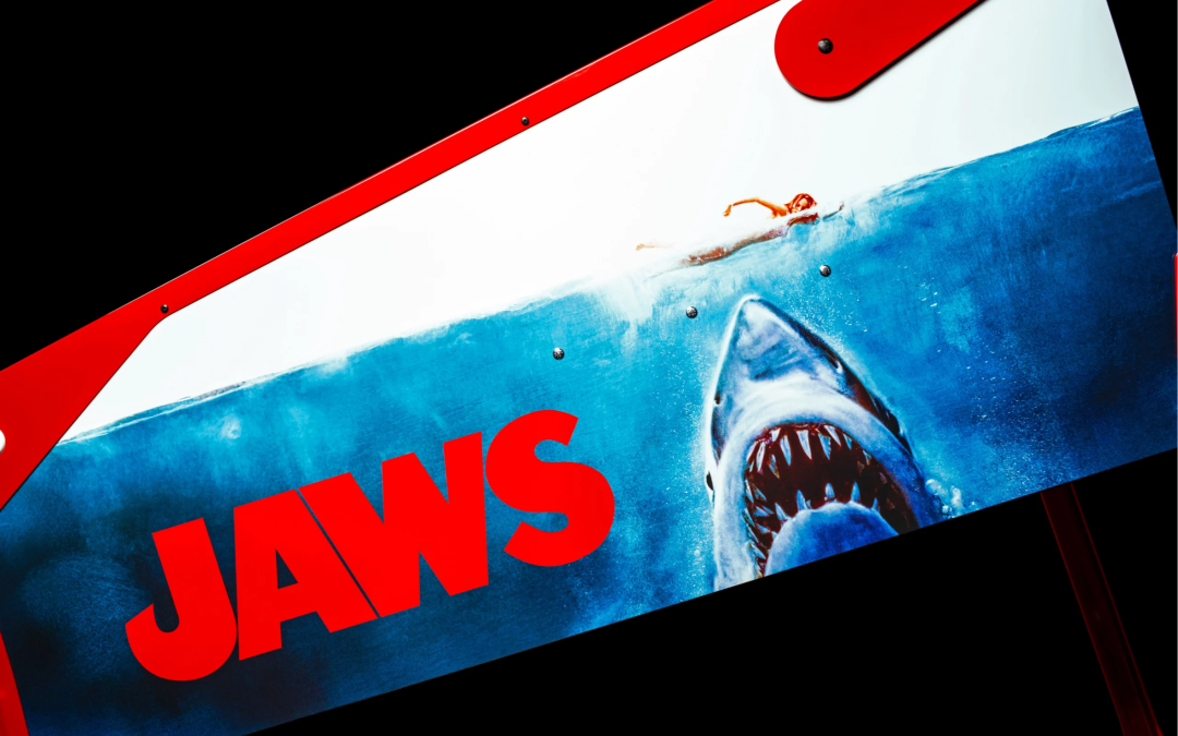 Cabinet art on Jaws Anniversary Edition pinball.