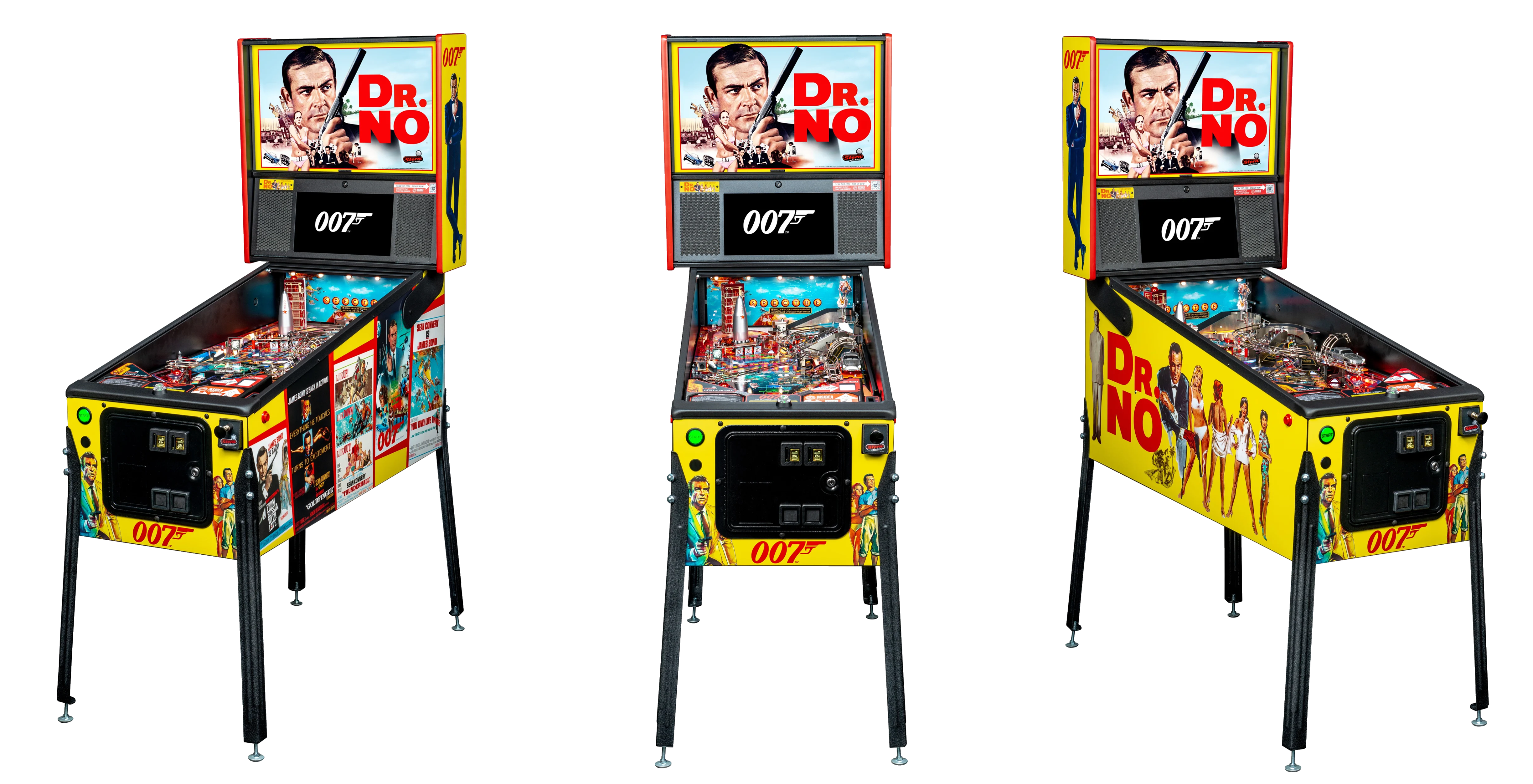 Left, Front, and Right facing cabinet images of James Bond 007 Pro Pinball
