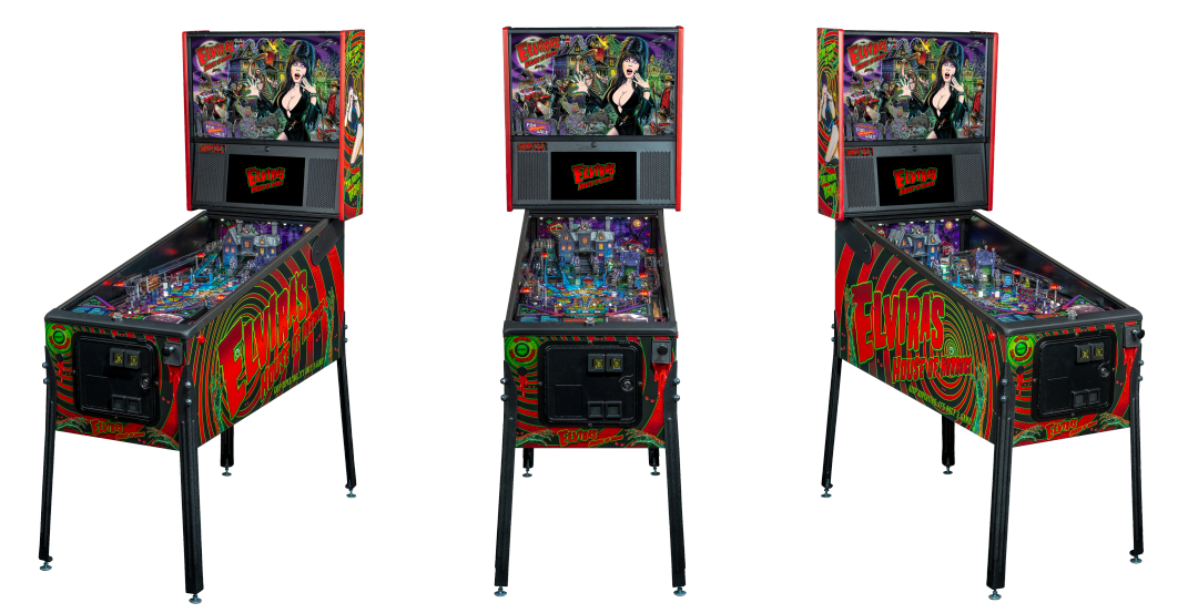 Left, Front, and Right facing cabinet images of Elvira's House of Horrors Premium Pinball