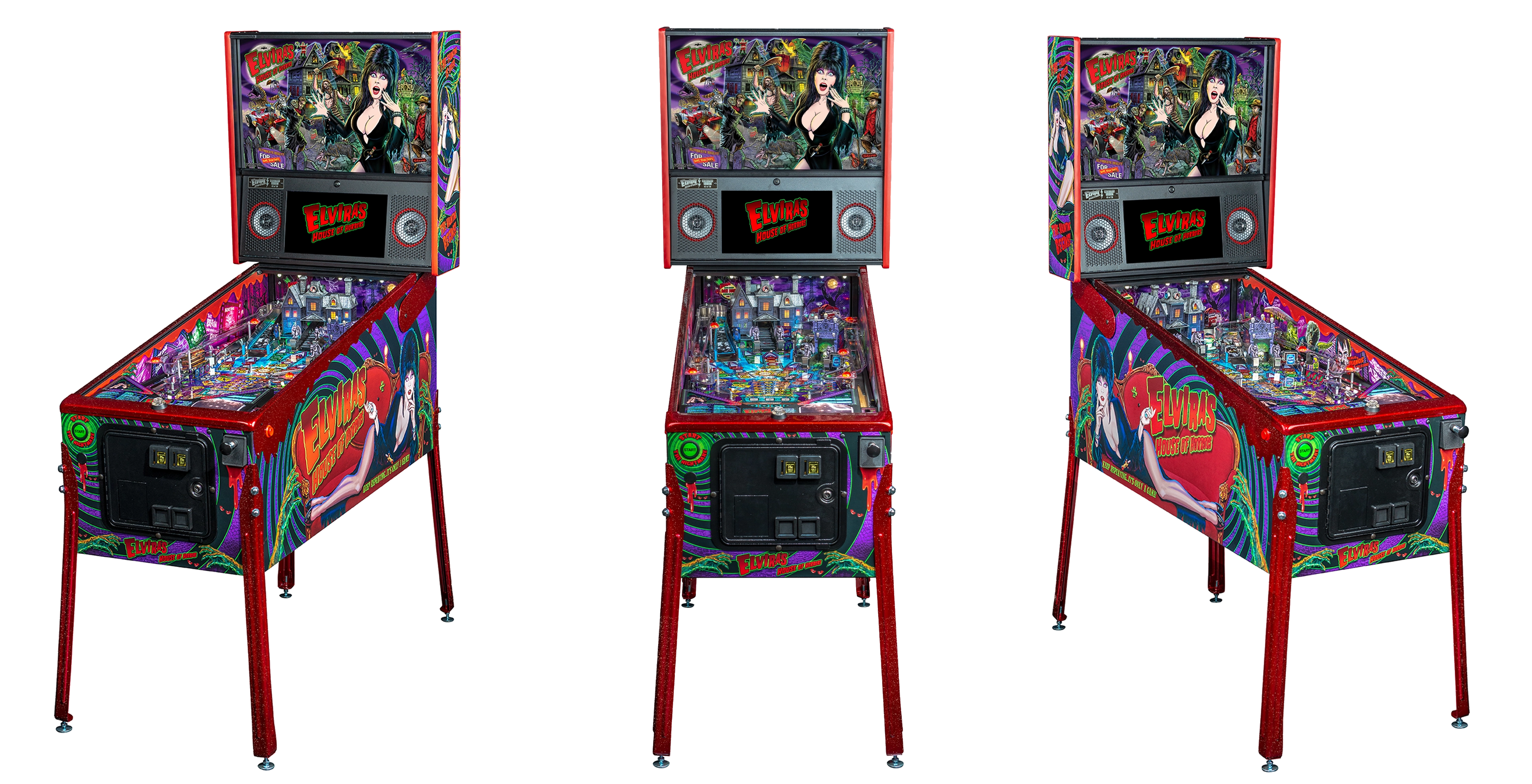Left, Front, and Right facing cabinet images of Elvira's House of Horrors Signature Edition Pinball