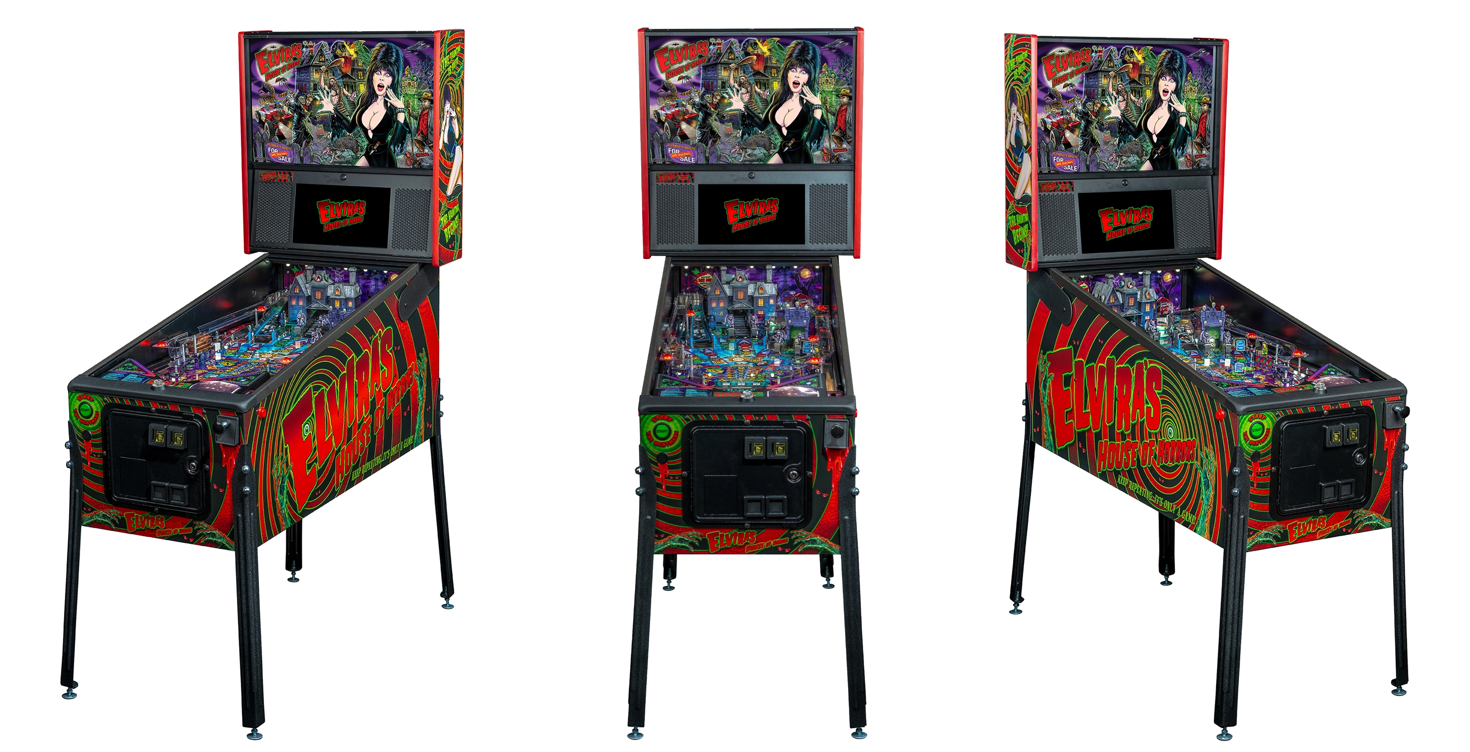 Left, Front, and Right facing cabinet images of Elvira's House of Horrors Premium Pinball