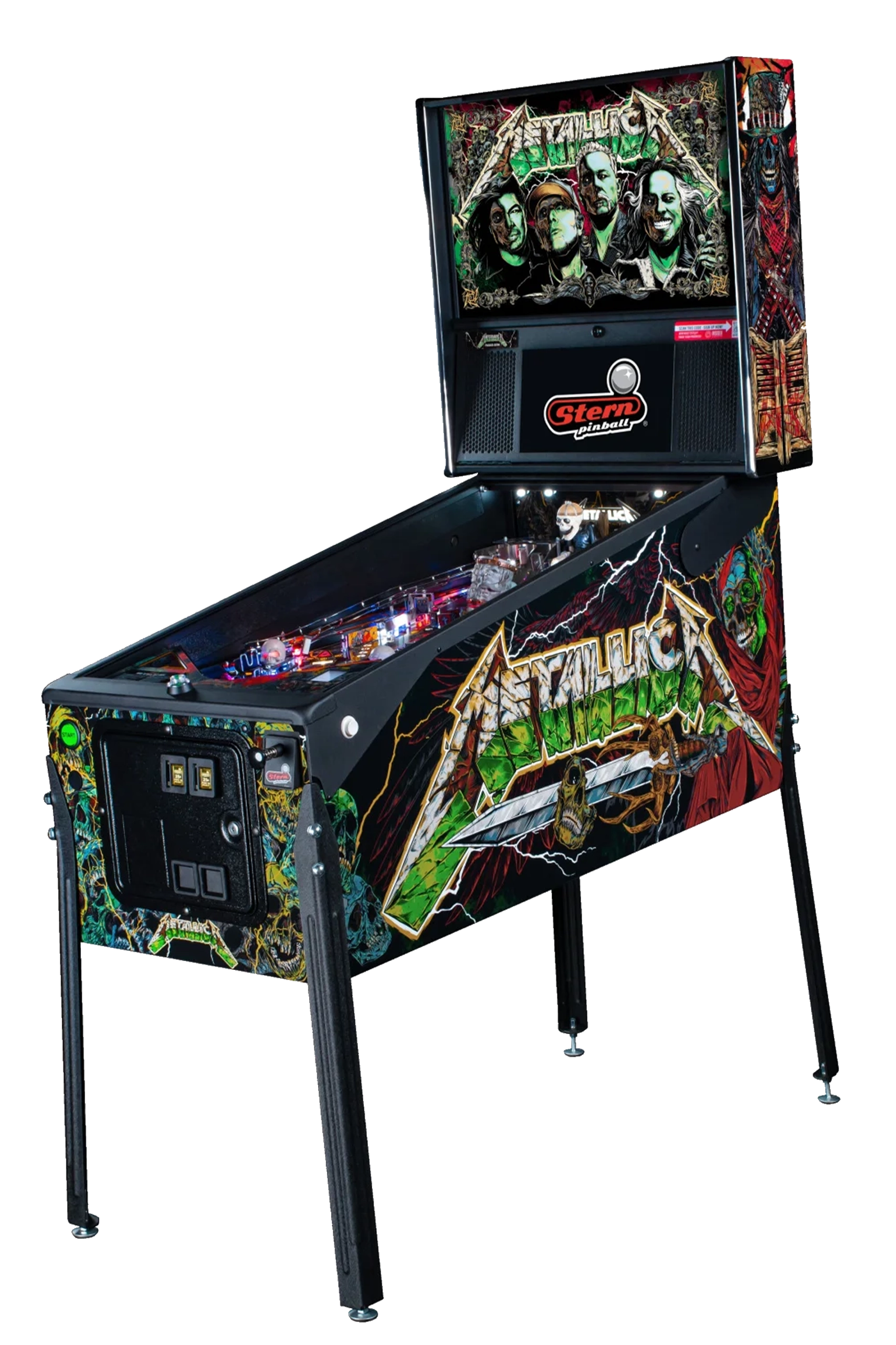 Metallica Premium pinball cabinet facing left.