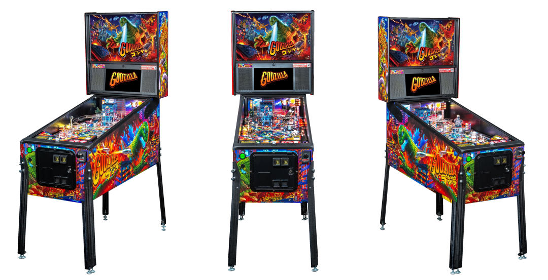 Left, Front, and Right facing cabinet images of Godzilla Pro Pinball