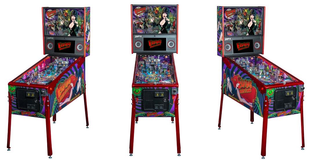 Left, Front, and Right facing cabinet images of Elvira's House of Horror Limited Edition Pinball