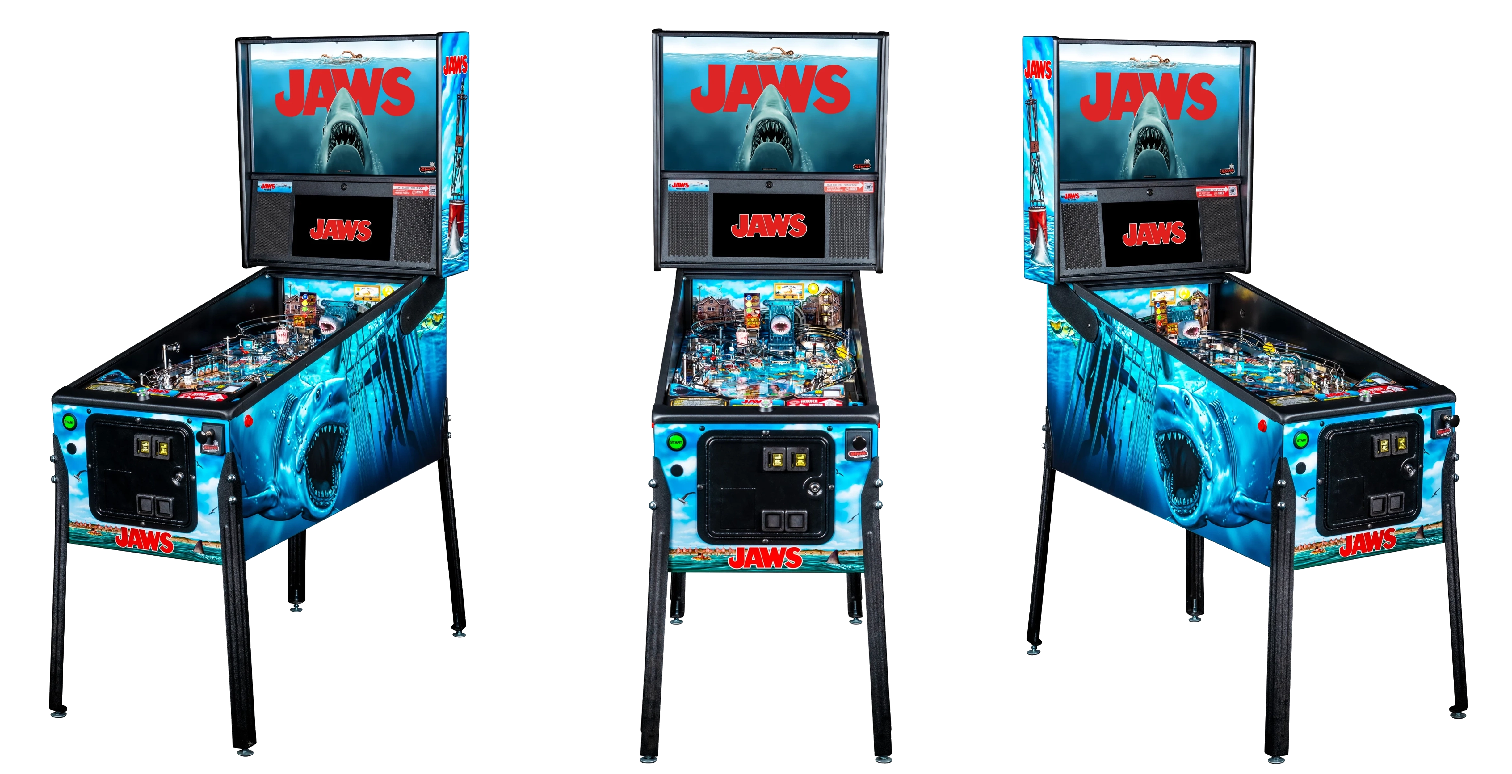 Left, Front, and Right facing cabinet images of Jaws Pro Pinball