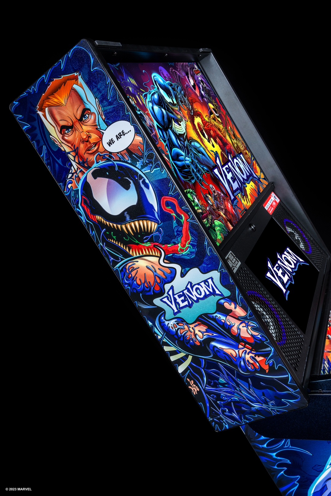 Full color reflective foil high definition decal cabinet on Venom Limited Edition Pinball machine.