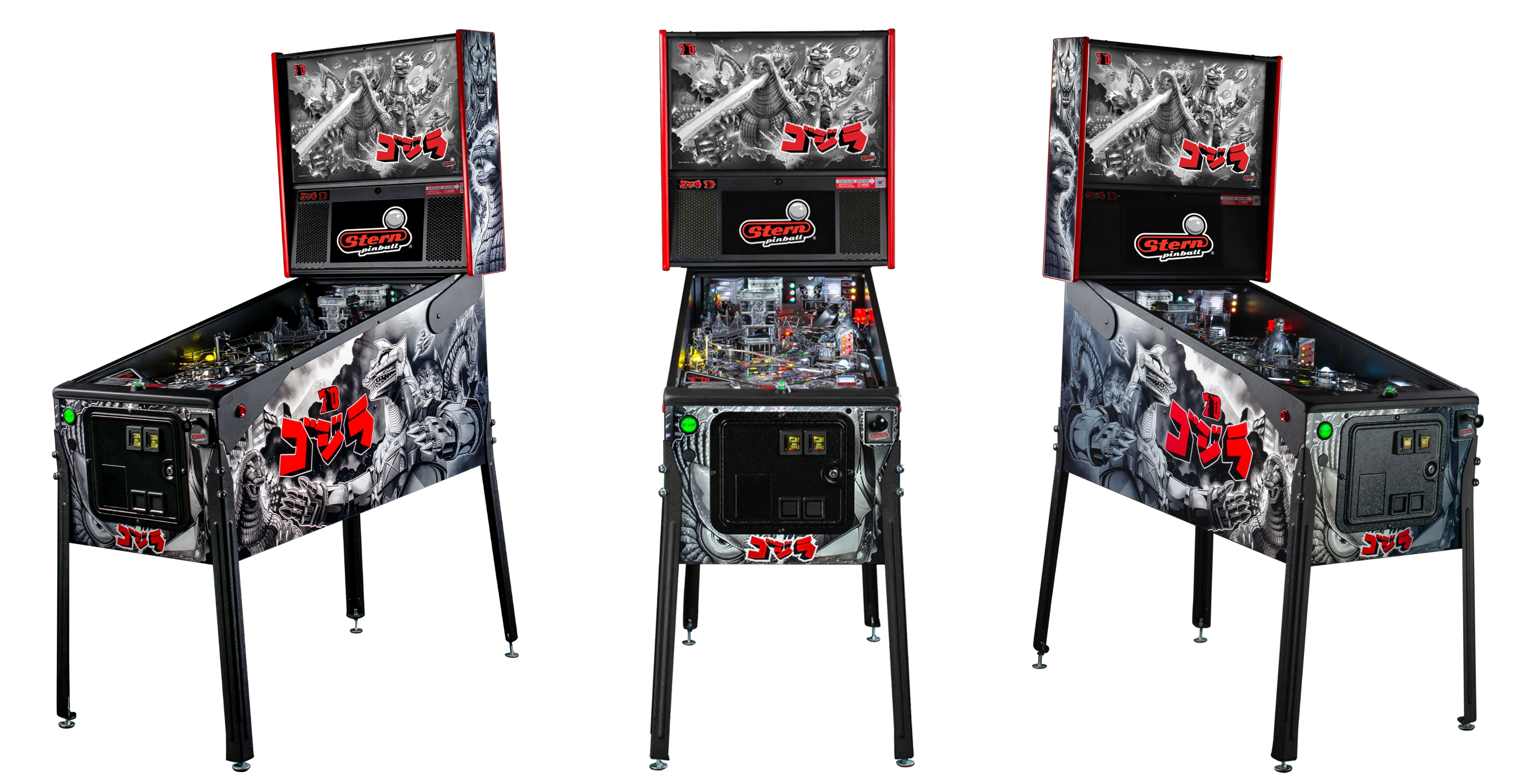Left, Front, and Right facing cabinet images of Godzilla Anniversary Edition Pinball