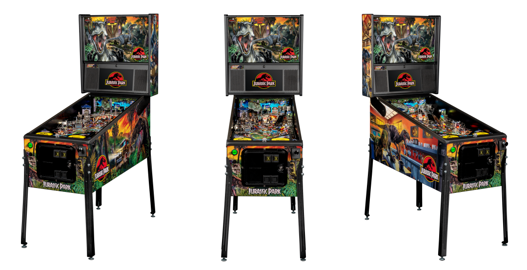Left, Front, and Right facing cabinet images of Jurassic Park Premium Pinball