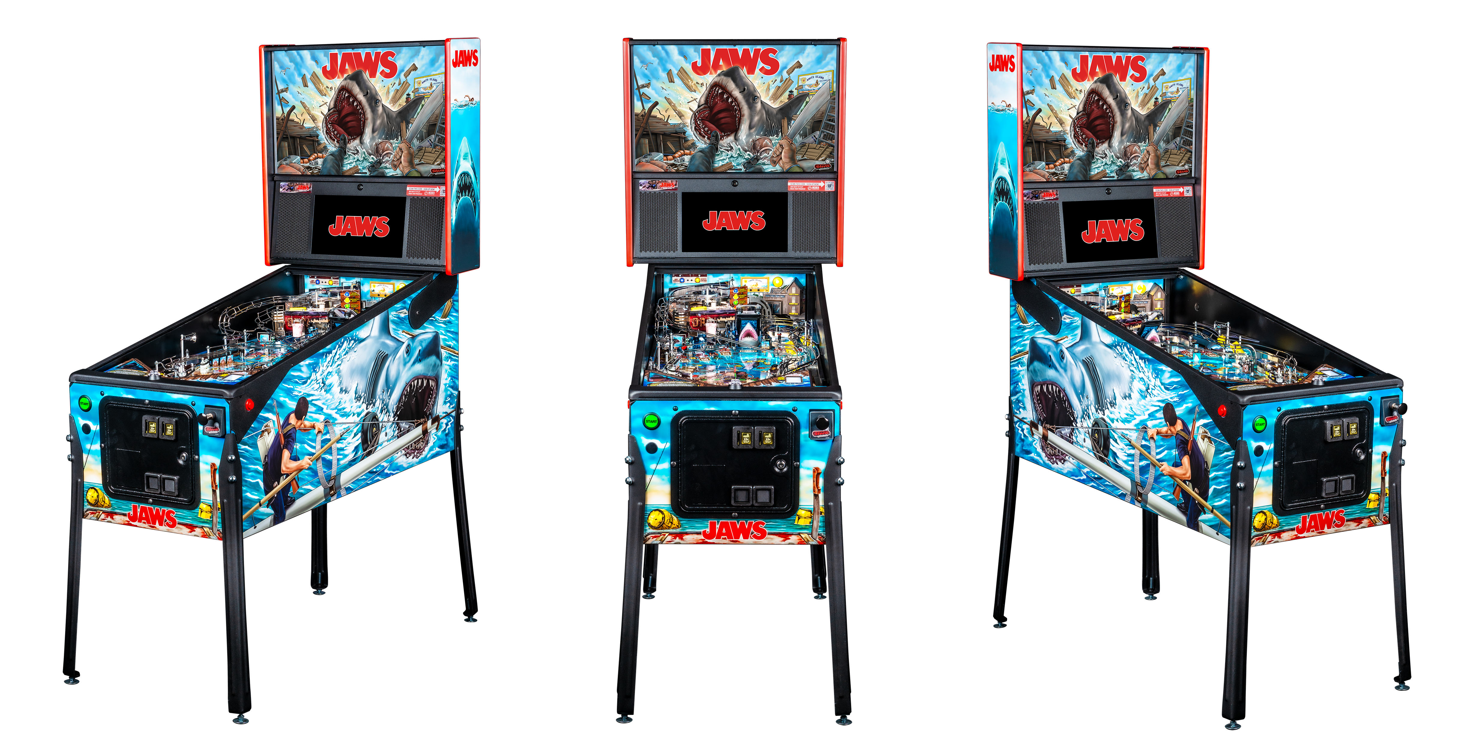 Left, Front, and Right facing cabinet images of Jaws Premium Pinball