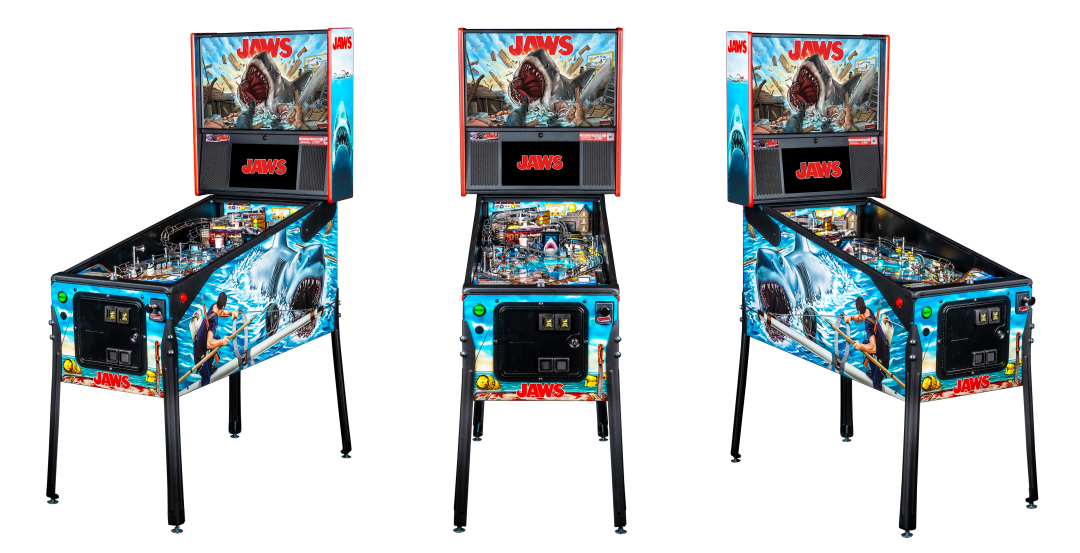 Left, Front, and Right facing cabinet images of Jaws Premium Pinball