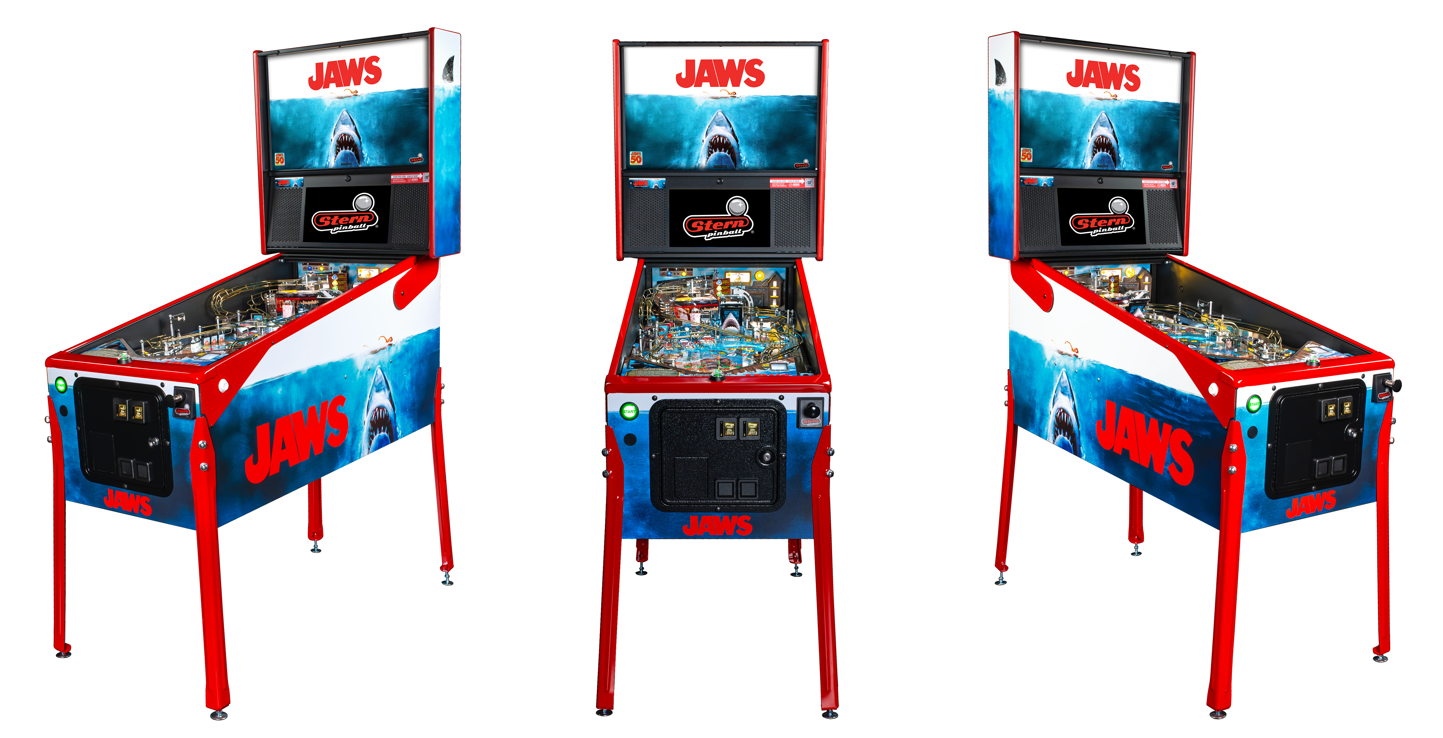 Left, Front, and Right facing cabinet images of Jaws Anniversary Edition Pinball