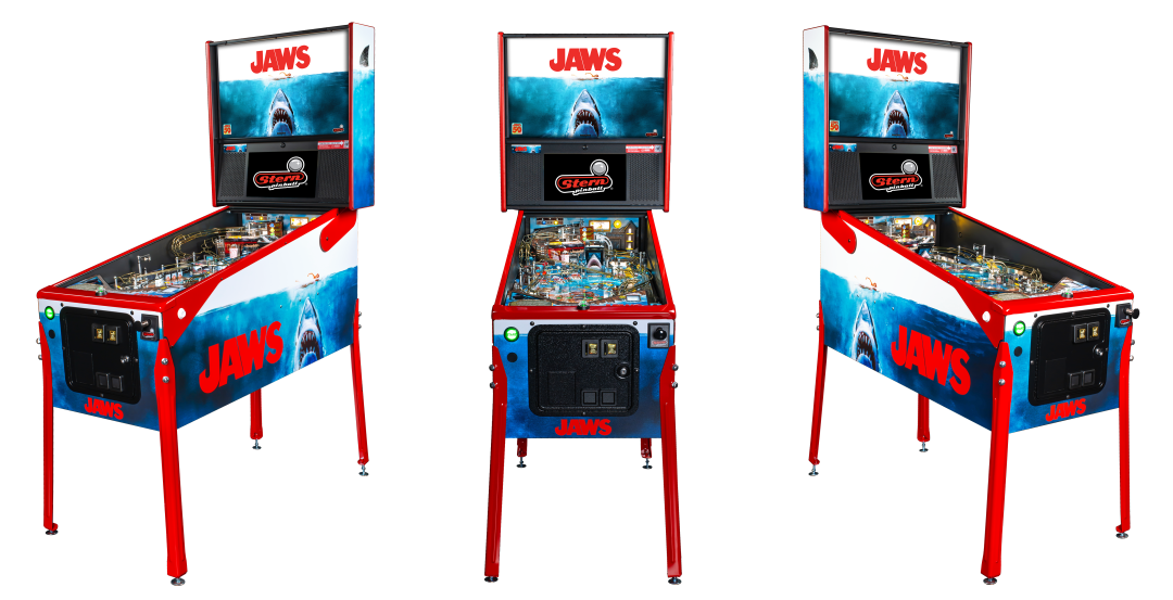 Left, Front, and Right facing cabinet images of Jaws Anniversary Edition Pinball