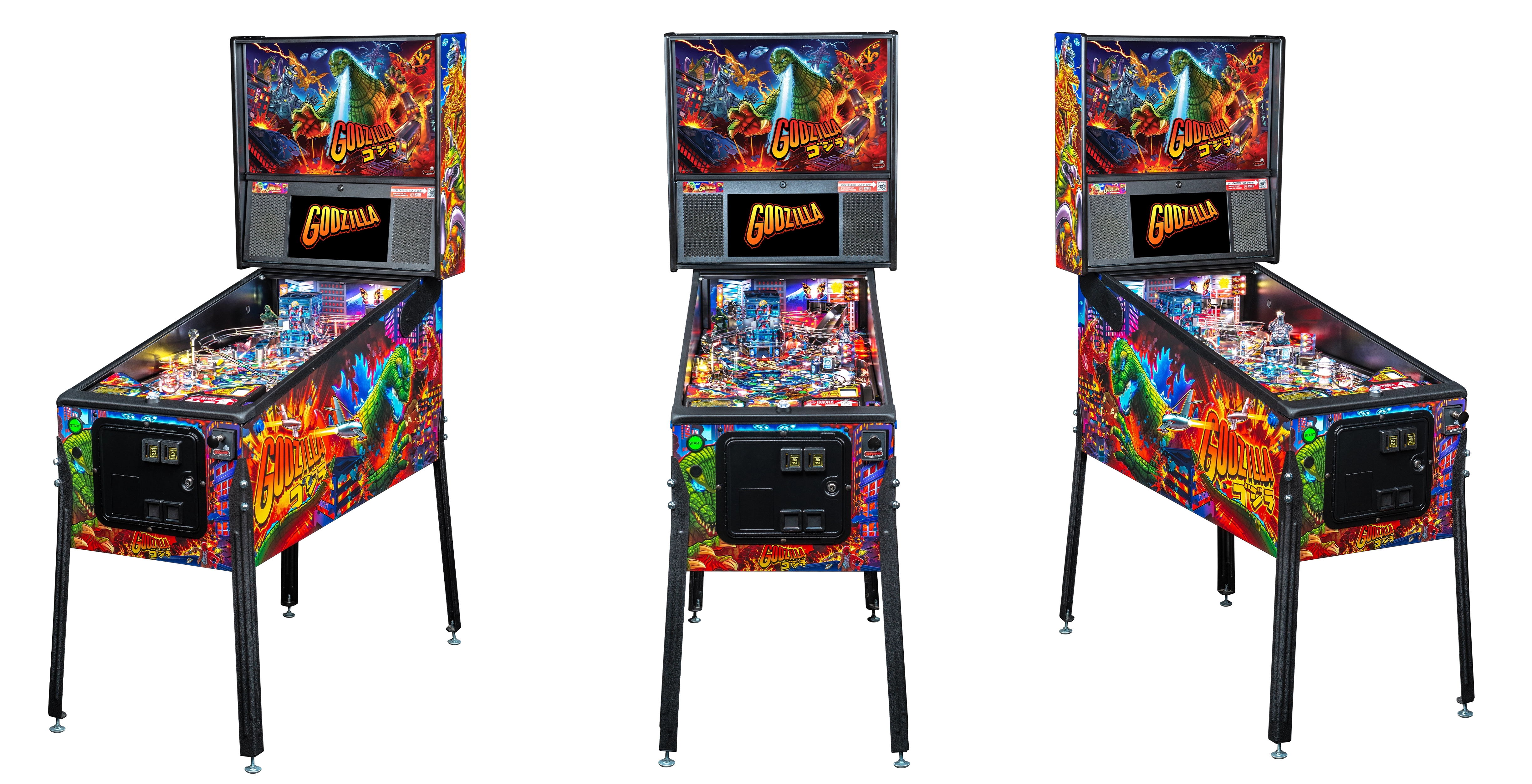 Left, Front, and Right facing cabinet images of Godzilla Pro Pinball