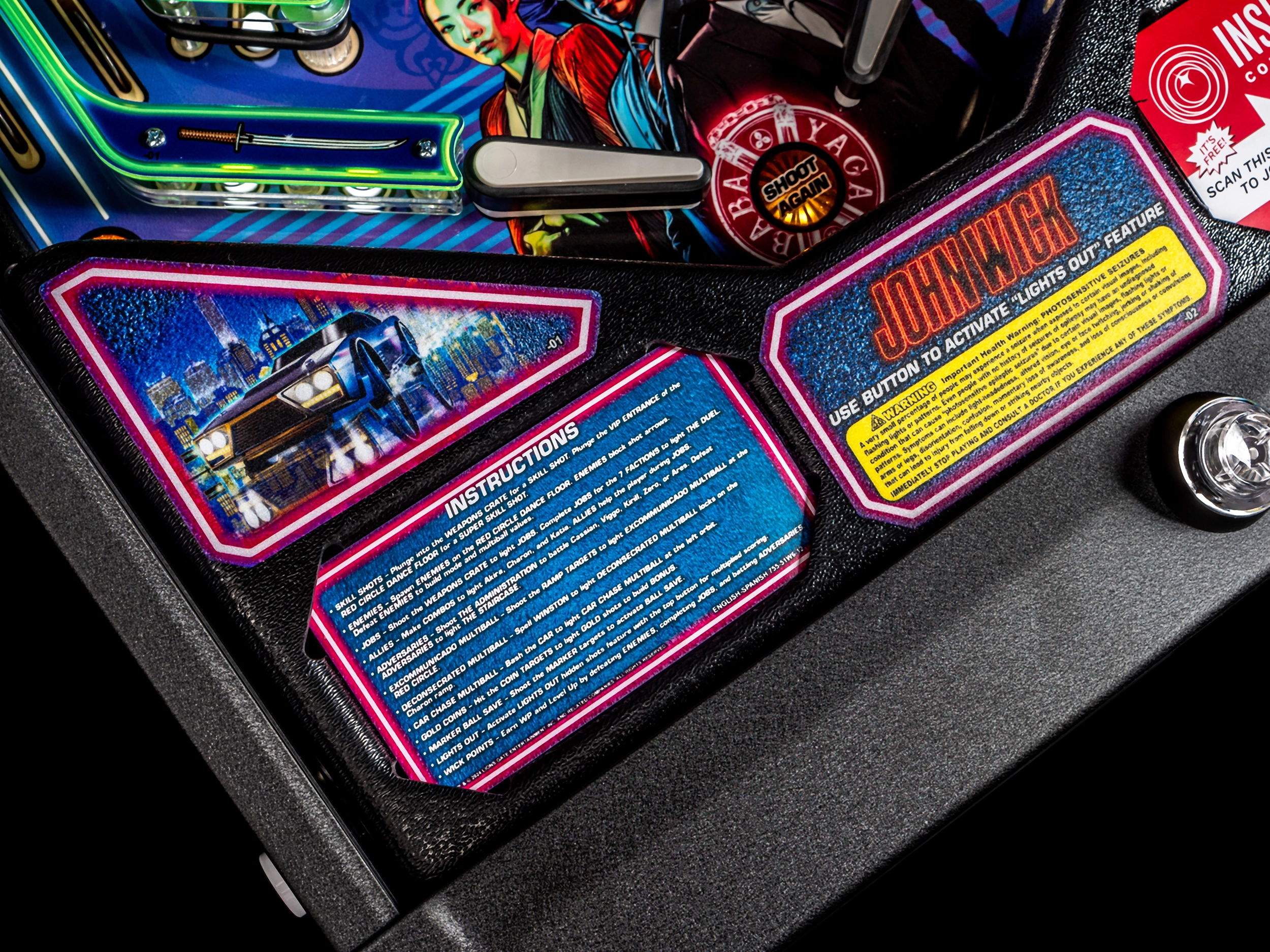 Instruction card on John Wick Pro pinball.