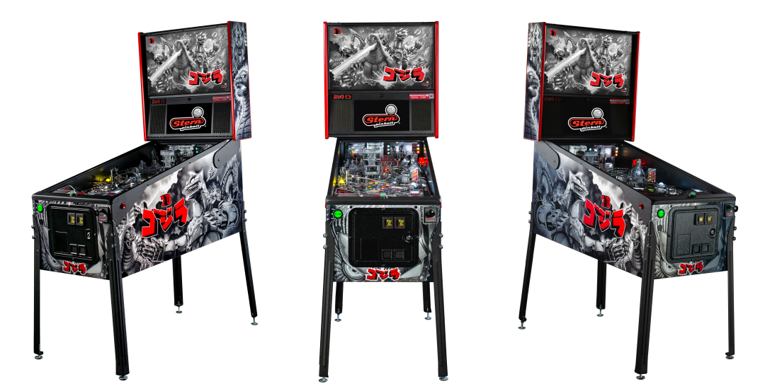 Left, Front, and Right facing cabinet images of Godzilla Anniversary Edition Pinball