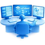 Image of a person studying with ucubed with the communty chat on the left monitor and information on the right monitor