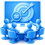 Image of instructor collaborating with team pointing to projector