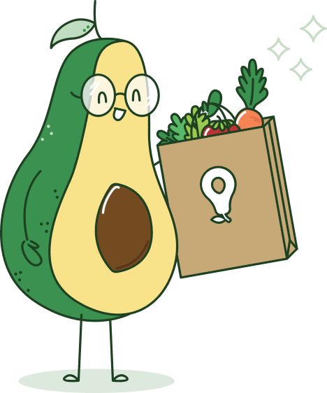 Illustration of a happy avocado with groceries