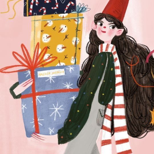 Pink illustration of person holding a stack of holiday presents