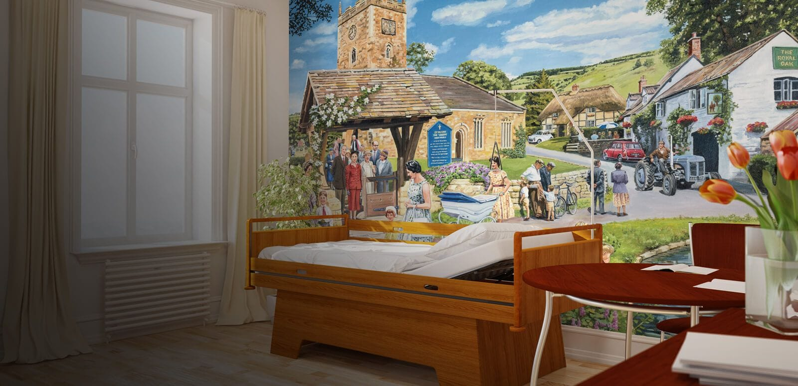nostalgic bygone era wallpaper mural in a residential care home bedroom