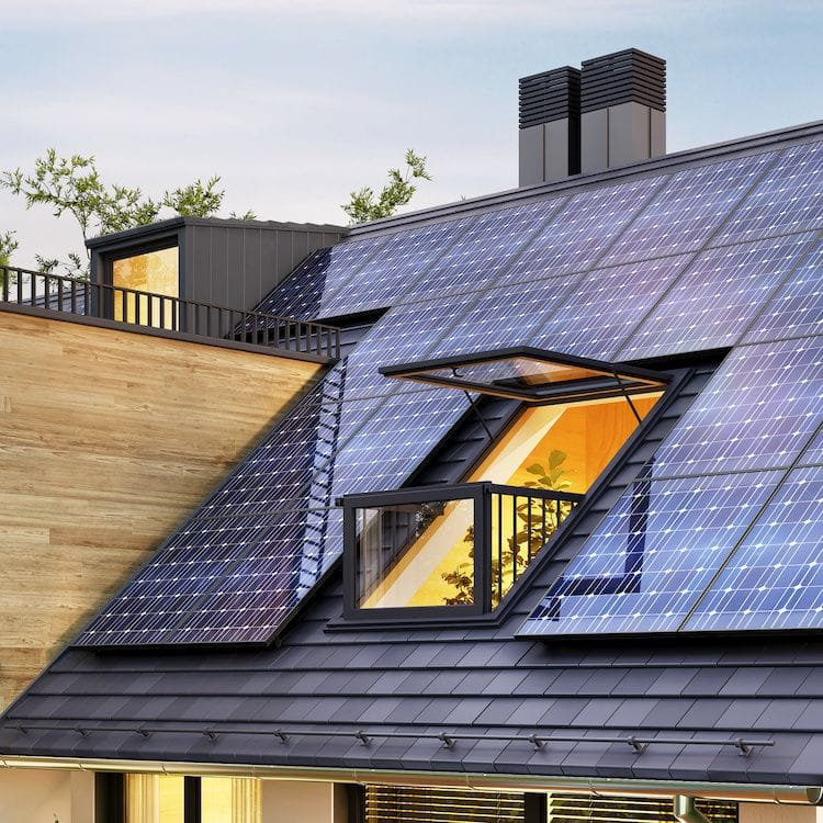 A house with rooftop solar panels