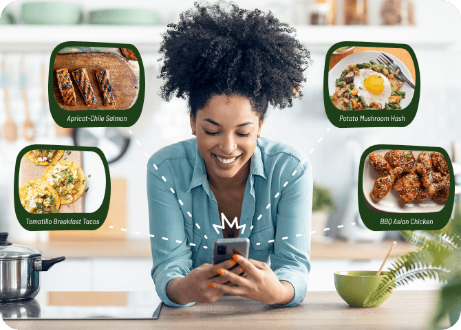 Photo of an excited-looking young woman exploring recipes via her smartphone