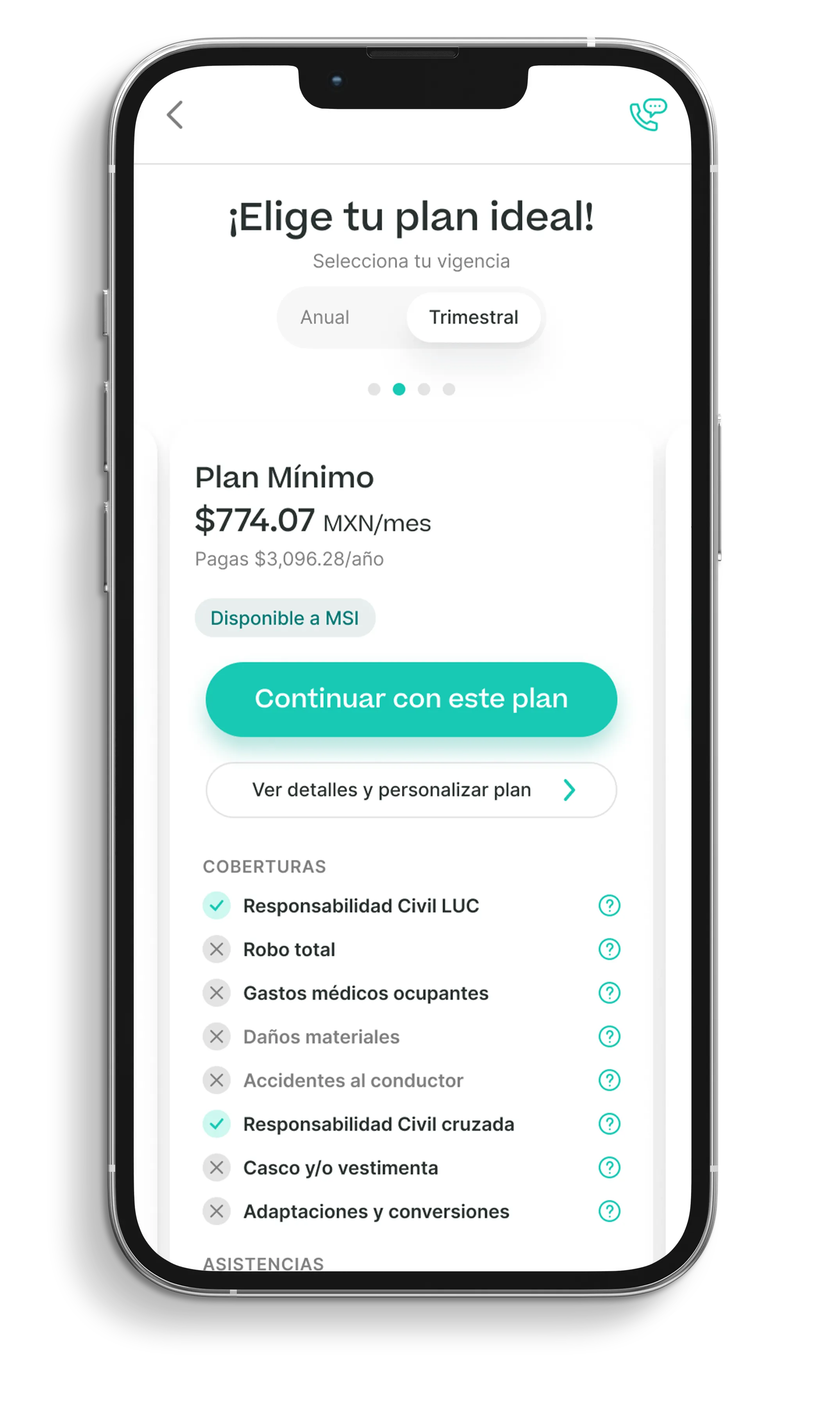 Pantalla de la app de Momento para elegir coberturas de moto