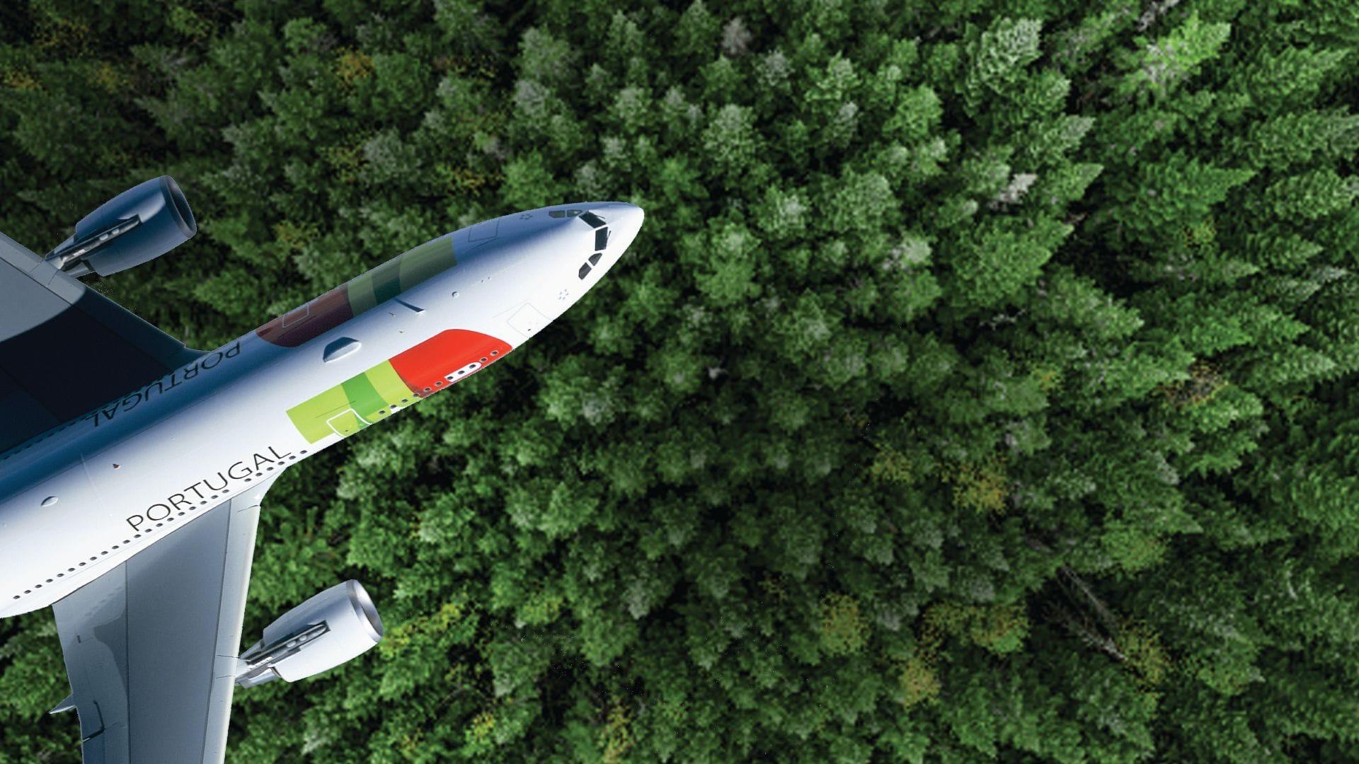 A TAP Air plane flying over a forest.
