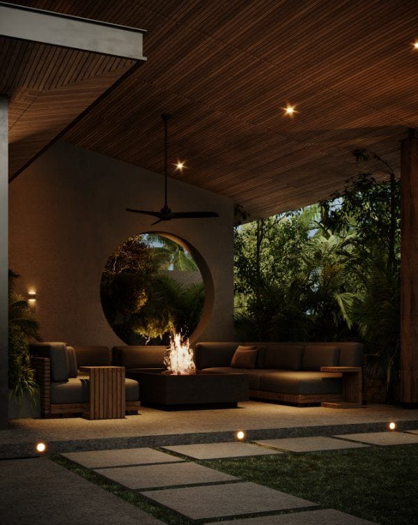 Outdoor lounge area, with lounge table that can be used as a fire pit
