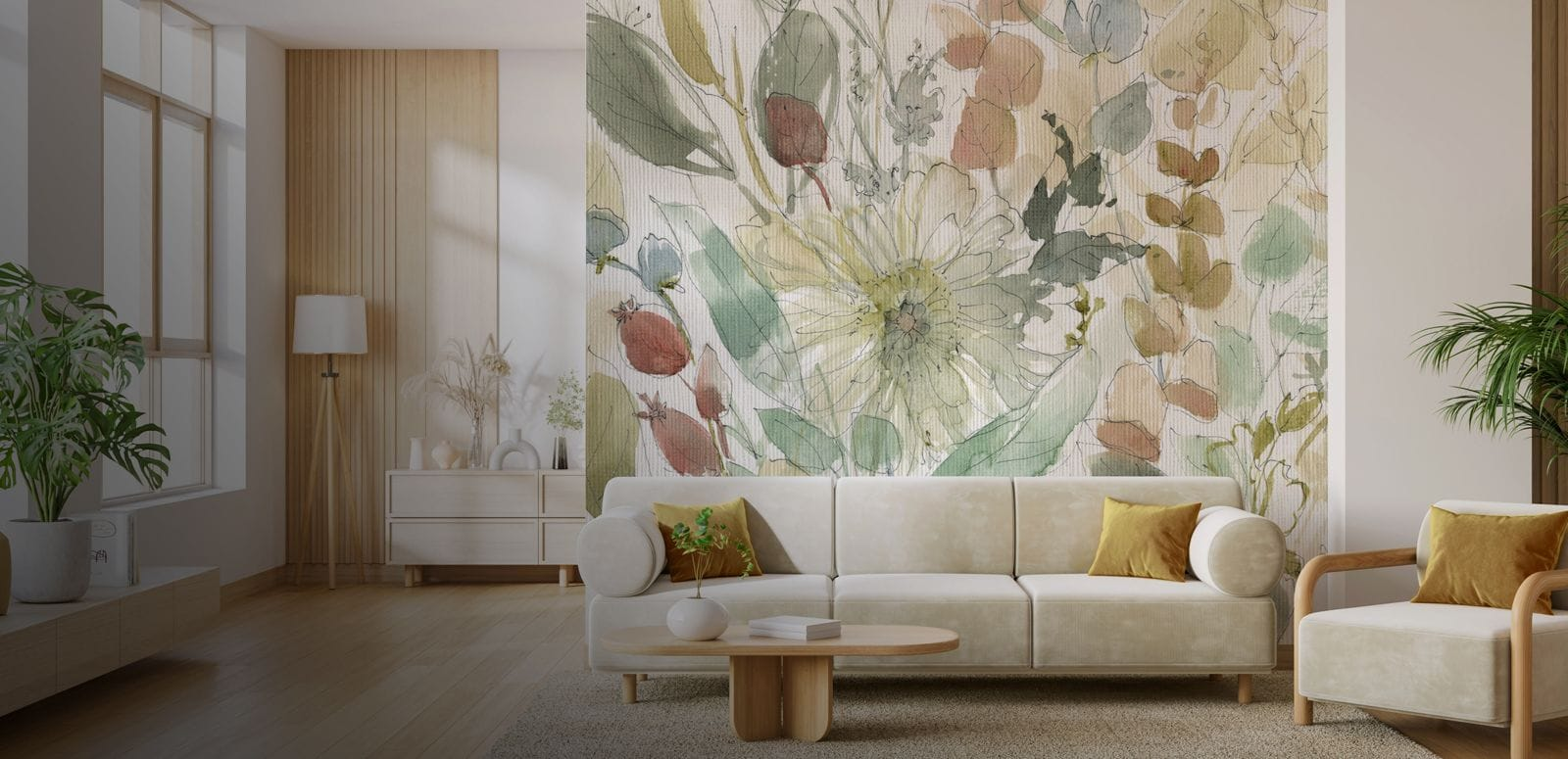 abstract wildflower tactile wallpaper mural in a stylish living room