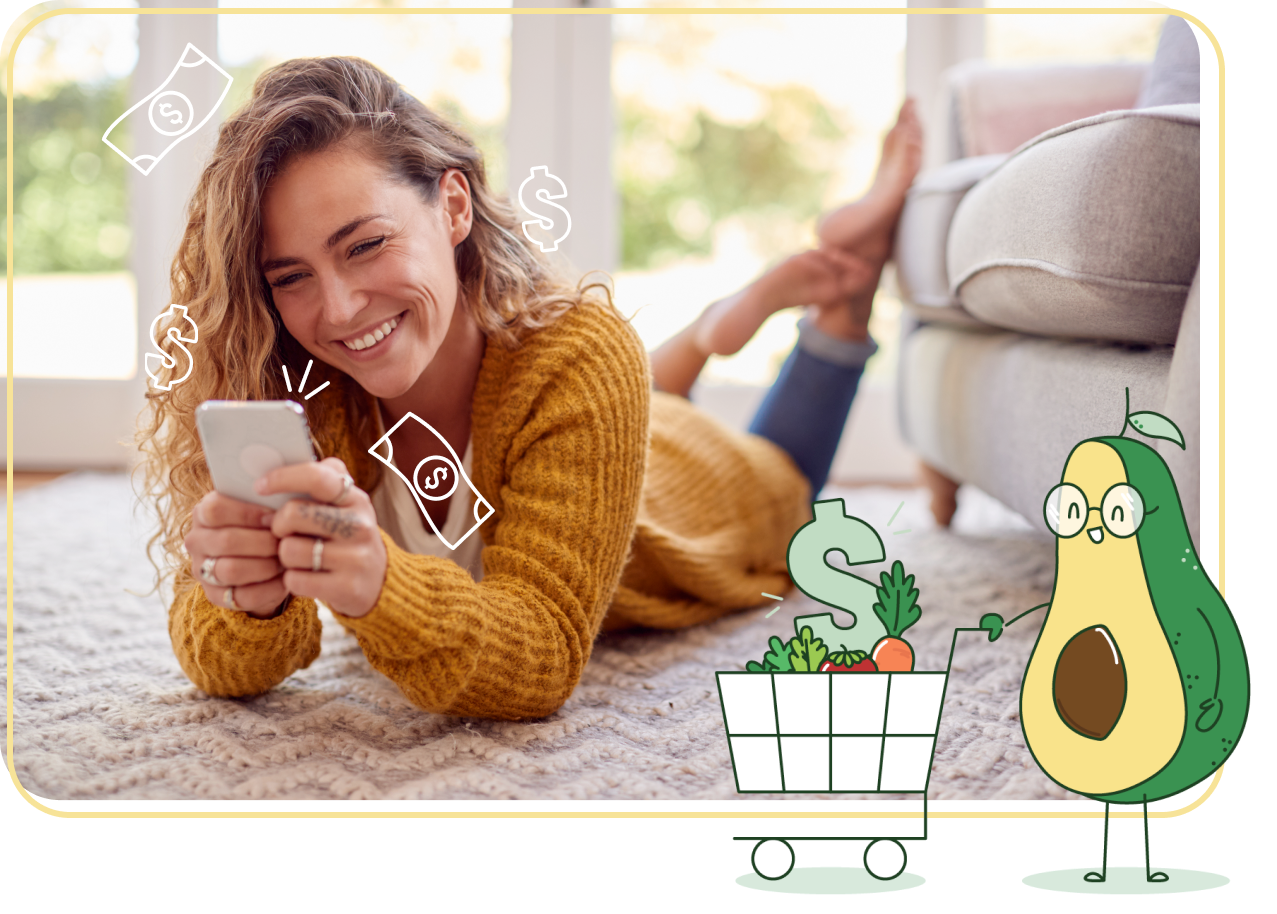 Photo of a smiling woman using her phone with iconography representing savings and money