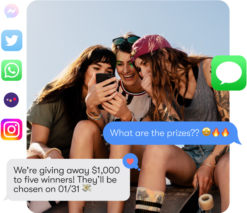 Three women looking at a phone. Overlayed is a conversation with a chatbot telling the user about the prizes they can win, and the icons of several channels like Instagram and WhatsApp 
