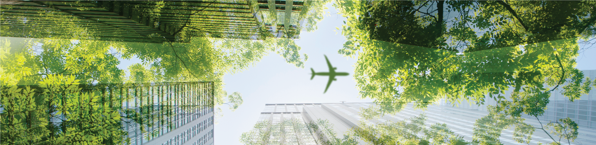 A plane flying over a city with buildings surrounded by trees