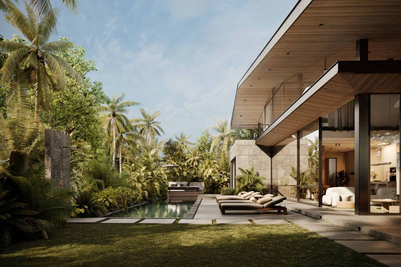 Modern villa with pool and lounge chairs. LIOM Villas by VISIONER