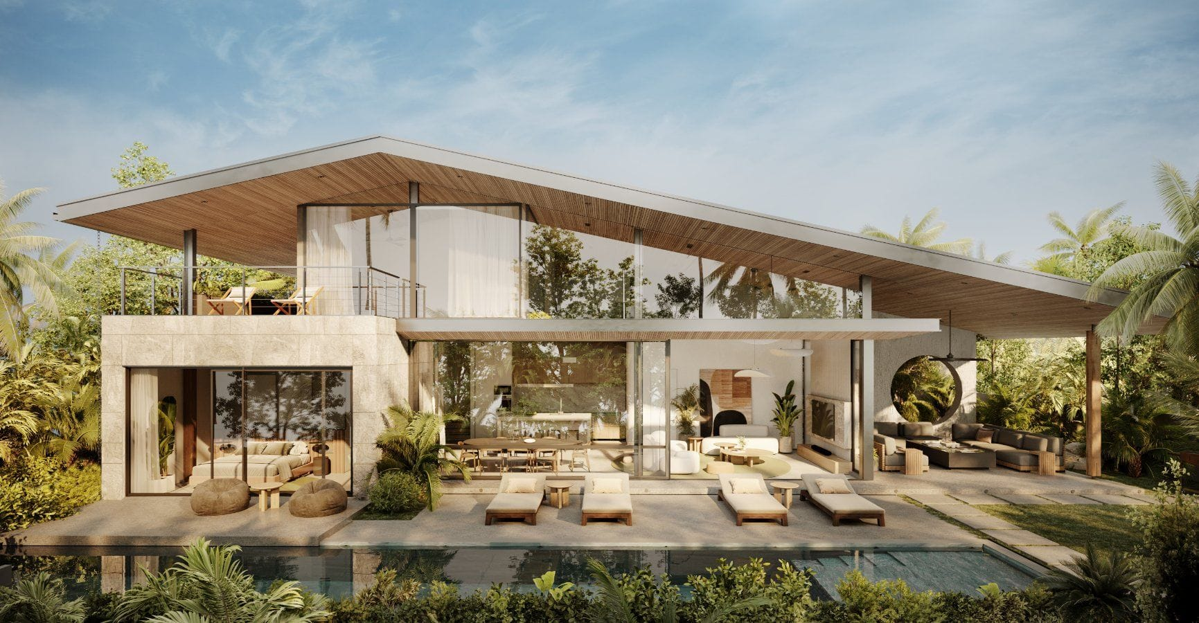 A rendering of a LIOM luxury villa in a tropical setting.