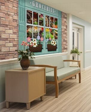 facade wallpaper mural in a residential care home communal area